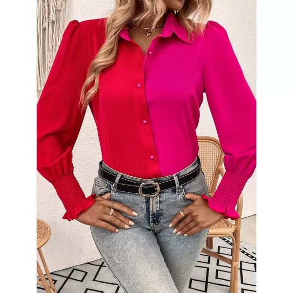 WDIRARA Women's Colorblock Button Up Shirt Collared Long Sleeve Blouse Top