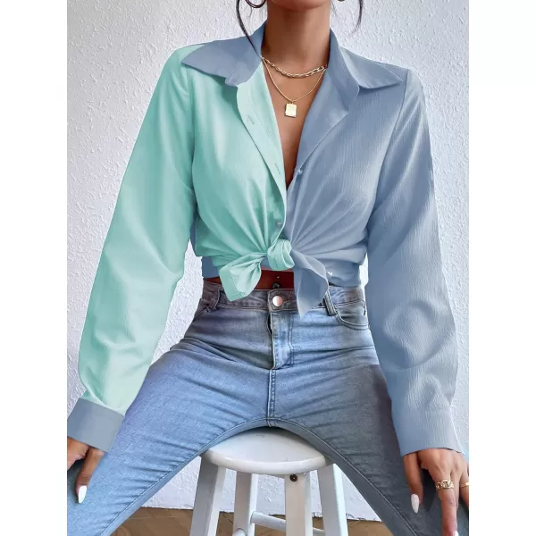 WDIRARA Women's Colorblock Button Up Shirt Collared Long Sleeve Blouse Top