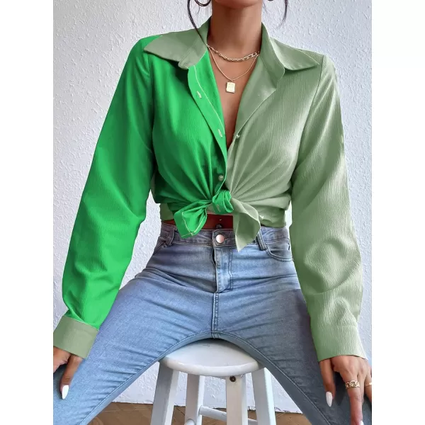 WDIRARA Women's Colorblock Button Up Shirt Collared Long Sleeve Blouse Top