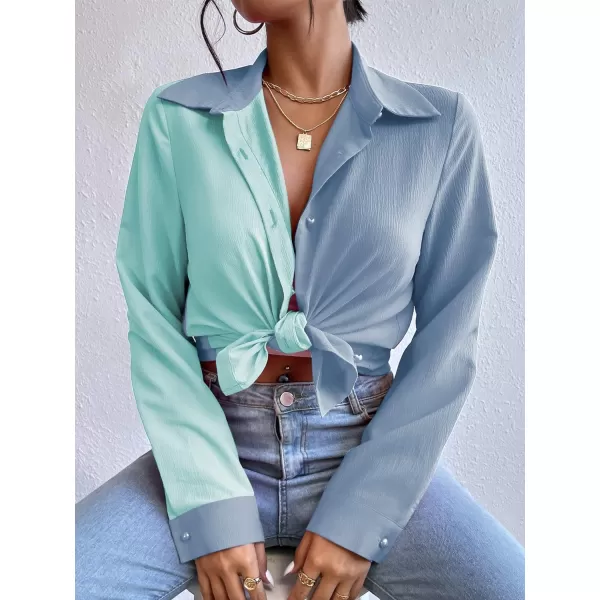 WDIRARA Women's Colorblock Button Up Shirt Collared Long Sleeve Blouse Top