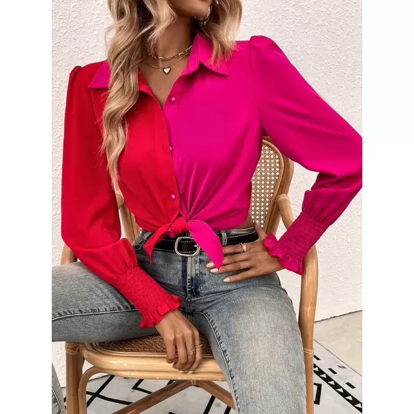 WDIRARA Women's Colorblock Button Up Shirt Collared Long Sleeve Blouse Top