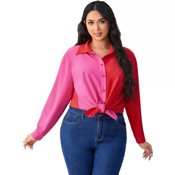 WDIRARA Women's Colorblock Button Up Shirt Collared Long Sleeve Blouse Top