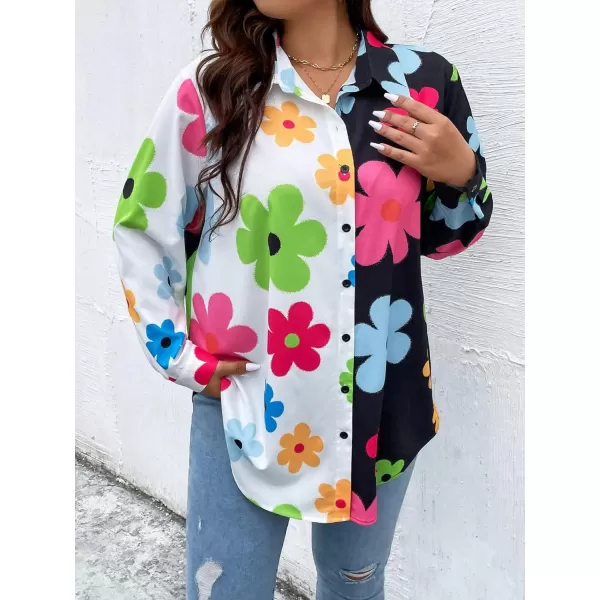 WDIRARA Women's Colorblock Button Up Shirt Collared Long Sleeve Blouse Top