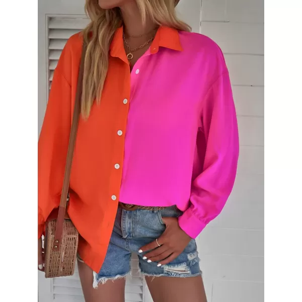 WDIRARA Women's Colorblock Button Up Shirt Collared Long Sleeve Blouse Top