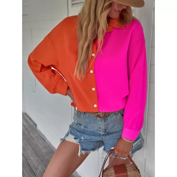 WDIRARA Women's Colorblock Button Up Shirt Collared Long Sleeve Blouse Top