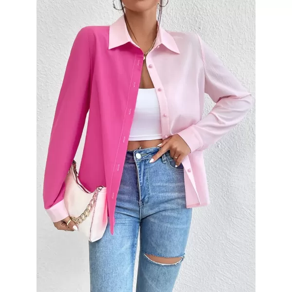 WDIRARA Women's Colorblock Button Up Shirt Collared Long Sleeve Blouse Top