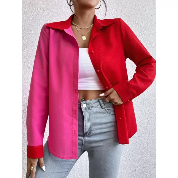 WDIRARA Women's Colorblock Button Up Shirt Collared Long Sleeve Blouse Top