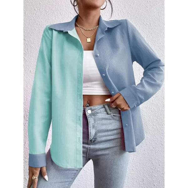 WDIRARA Women's Colorblock Button Up Shirt Collared Long Sleeve Blouse Top