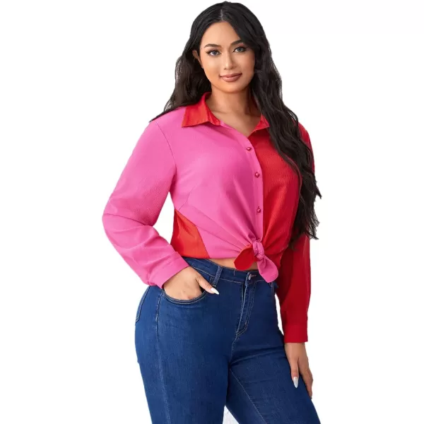 WDIRARA Women's Colorblock Button Up Shirt Collared Long Sleeve Blouse Top