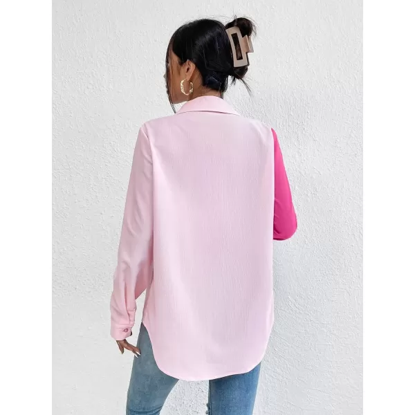 WDIRARA Women's Colorblock Button Up Shirt Collared Long Sleeve Blouse Top