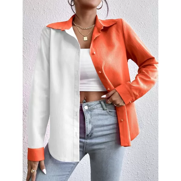 WDIRARA Women's Colorblock Button Up Shirt Collared Long Sleeve Blouse Top
