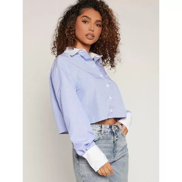 WDIRARA Women's Colorblock Button Up Shirt Collared Long Sleeve Blouse Top