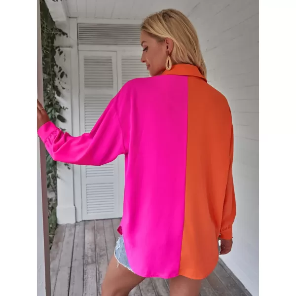WDIRARA Women's Colorblock Button Up Shirt Collared Long Sleeve Blouse Top