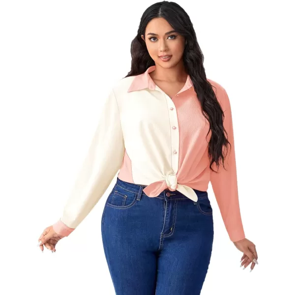 WDIRARA Women's Colorblock Button Up Shirt Collared Long Sleeve Blouse Top