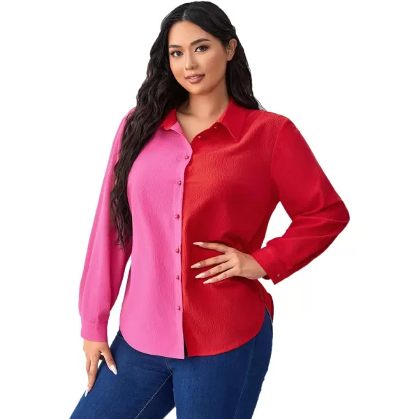 WDIRARA Women's Colorblock Button Up Shirt Collared Long Sleeve Blouse Top