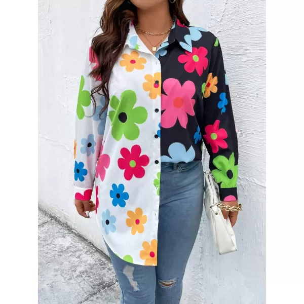 WDIRARA Women's Colorblock Button Up Shirt Collared Long Sleeve Blouse Top