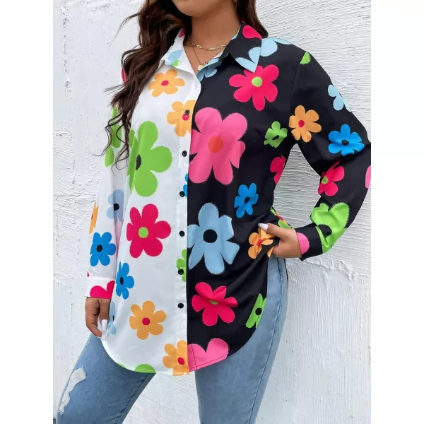 WDIRARA Women's Colorblock Button Up Shirt Collared Long Sleeve Blouse Top