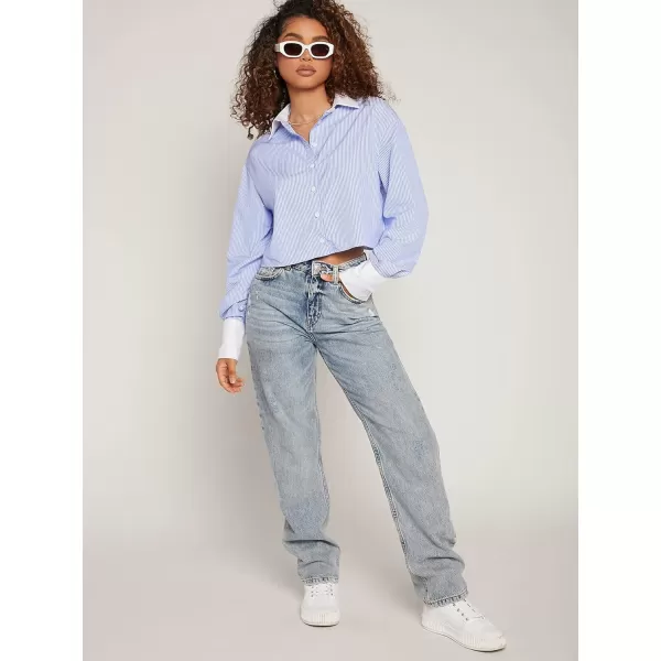 WDIRARA Women's Colorblock Button Up Shirt Collared Long Sleeve Blouse Top