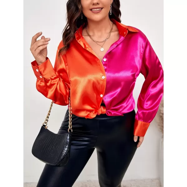 WDIRARA Women's Colorblock Button Up Shirt Collared Long Sleeve Blouse Top