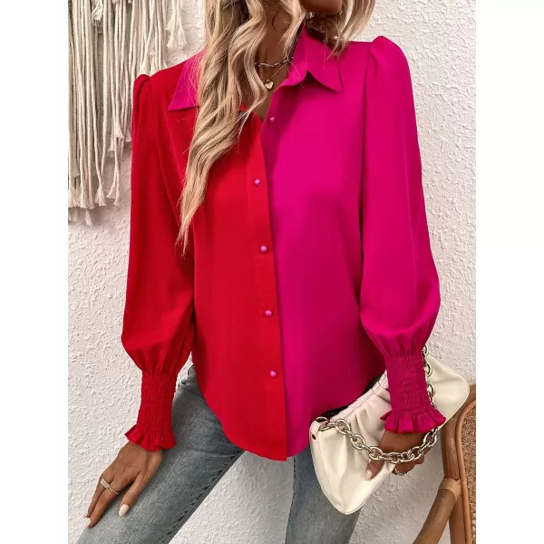 WDIRARA Women's Colorblock Button Up Shirt Collared Long Sleeve Blouse Top