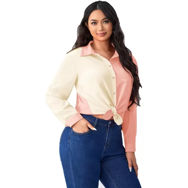 WDIRARA Women's Colorblock Button Up Shirt Collared Long Sleeve Blouse Top