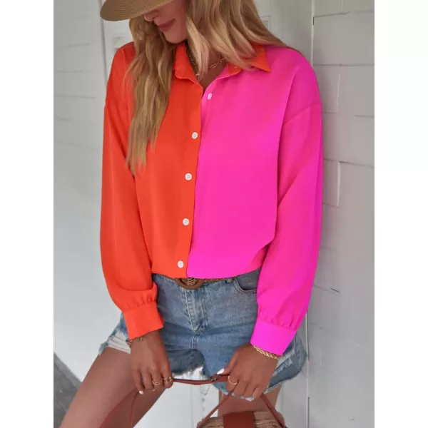 WDIRARA Women's Colorblock Button Up Shirt Collared Long Sleeve Blouse Top