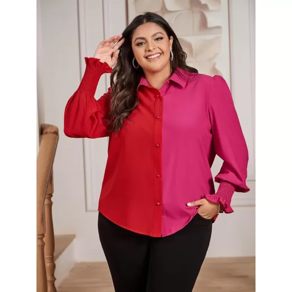 WDIRARA Women's Colorblock Button Up Shirt Collared Long Sleeve Blouse Top