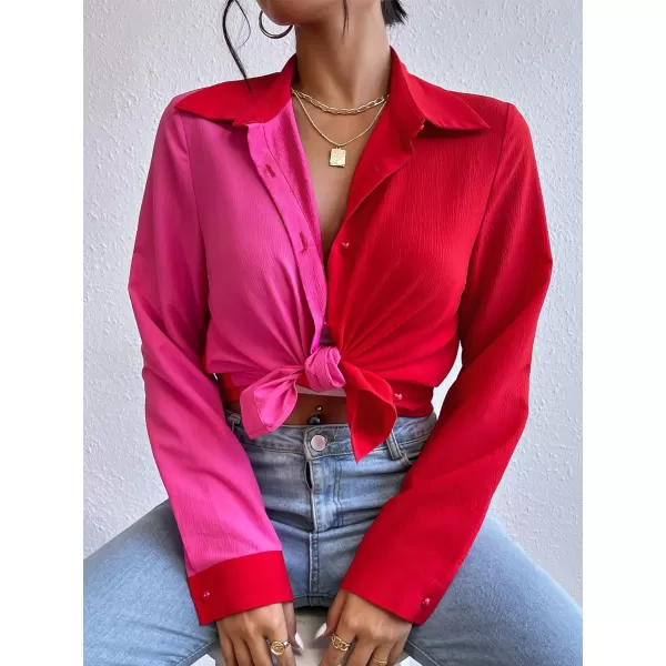 WDIRARA Women's Colorblock Button Up Shirt Collared Long Sleeve Blouse Top