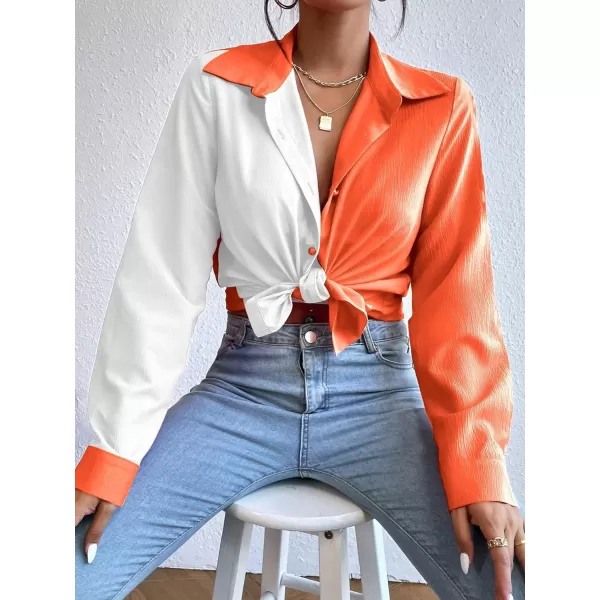 WDIRARA Women's Colorblock Button Up Shirt Collared Long Sleeve Blouse Top