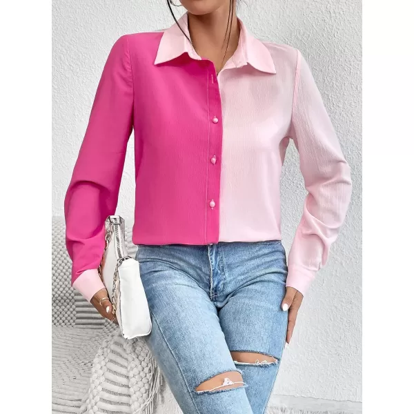 WDIRARA Women's Colorblock Button Up Shirt Collared Long Sleeve Blouse Top