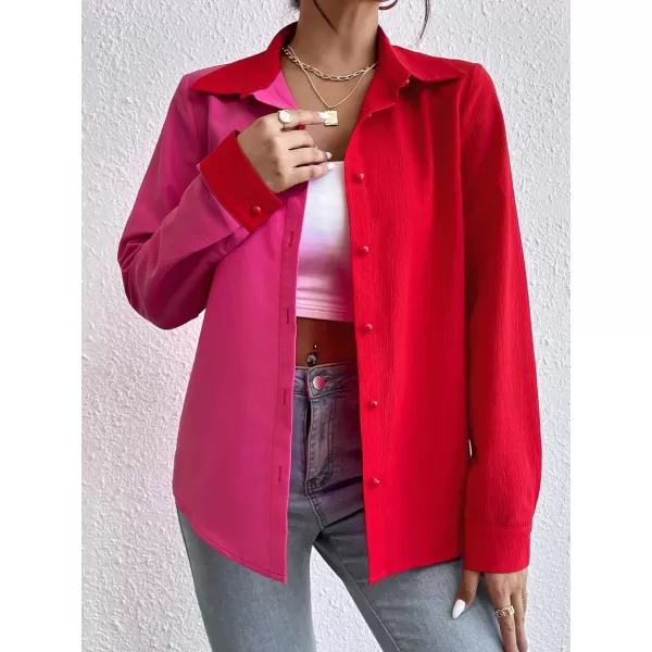 WDIRARA Women's Colorblock Button Up Shirt Collared Long Sleeve Blouse Top
