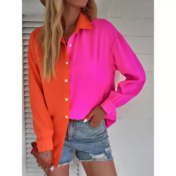 WDIRARA Women's Colorblock Button Up Shirt Collared Long Sleeve Blouse Top