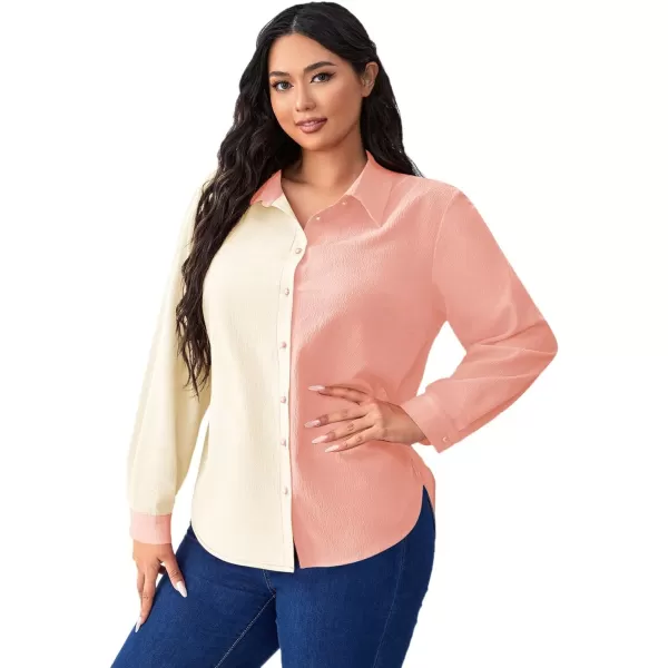 WDIRARA Women's Colorblock Button Up Shirt Collared Long Sleeve Blouse Top