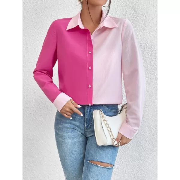 WDIRARA Women's Colorblock Button Up Shirt Collared Long Sleeve Blouse Top
