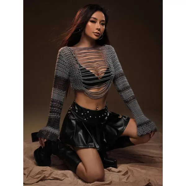 WDIRARA Women's Colorblock Cut Out Front Sheer Flounce Long Sleeve Sexy Pullover Crop Sweaters