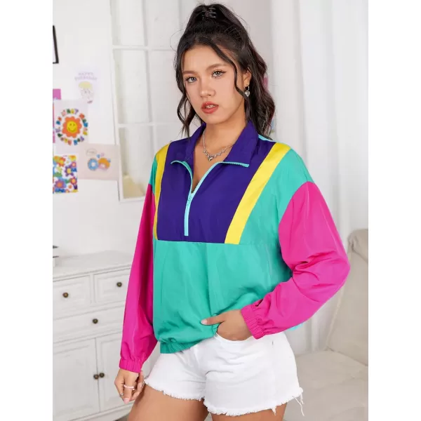 WDIRARA Women's Colorblock Patchwork Half Zip Up Sweatshirt Long Sleeve Lightweight 80s 90s Pullover Sweatshirt