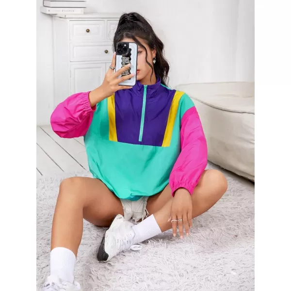 WDIRARA Women's Colorblock Patchwork Half Zip Up Sweatshirt Long Sleeve Lightweight 80s 90s Pullover Sweatshirt