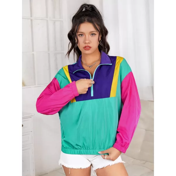WDIRARA Women's Colorblock Patchwork Half Zip Up Sweatshirt Long Sleeve Lightweight 80s 90s Pullover Sweatshirt