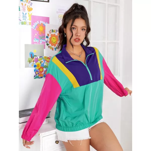 WDIRARA Women's Colorblock Patchwork Half Zip Up Sweatshirt Long Sleeve Lightweight 80s 90s Pullover Sweatshirt