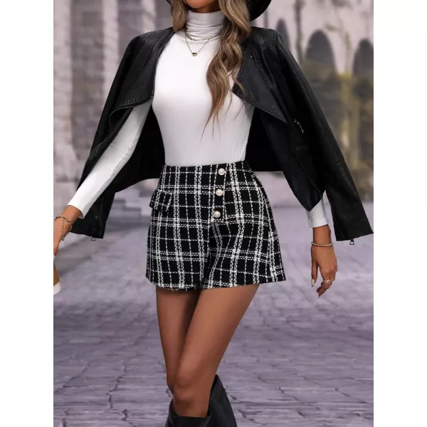 WDIRARA Women's Colorblock Plaid Print Tweed Skort Button Wrap Front Shorts Asymmetrical Elegant Mini Skirts