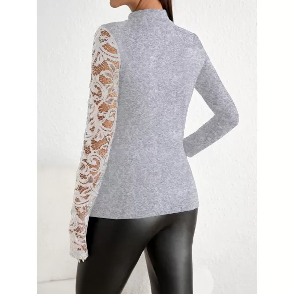WDIRARA Women's Contrast Lace Cut Out Top See Through Sexy Mock Neck Long Sleeve Slim Top