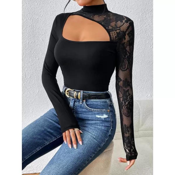 WDIRARA Women's Contrast Lace Cut Out Top See Through Sexy Mock Neck Long Sleeve Slim Top