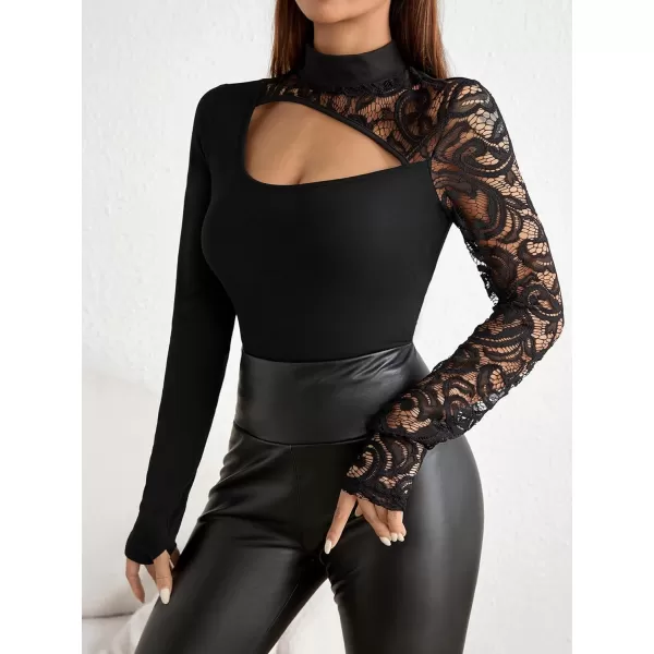 WDIRARA Women's Contrast Lace Cut Out Top See Through Sexy Mock Neck Long Sleeve Slim Top