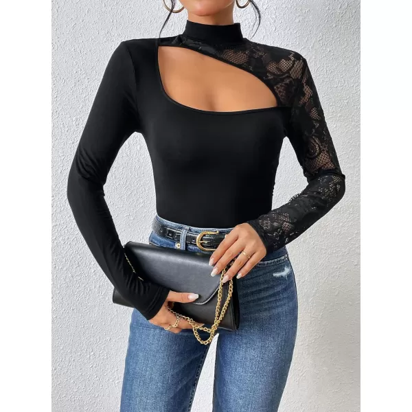WDIRARA Women's Contrast Lace Cut Out Top See Through Sexy Mock Neck Long Sleeve Slim Top