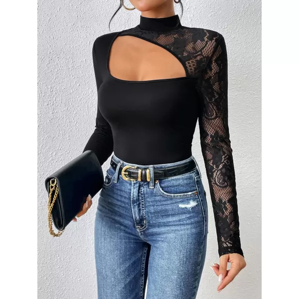 WDIRARA Women's Contrast Lace Cut Out Top See Through Sexy Mock Neck Long Sleeve Slim Top