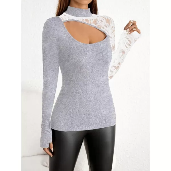 WDIRARA Women's Contrast Lace Cut Out Top See Through Sexy Mock Neck Long Sleeve Slim Top