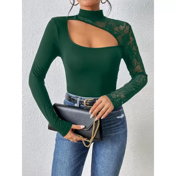 WDIRARA Women's Contrast Lace Cut Out Top See Through Sexy Mock Neck Long Sleeve Slim Top