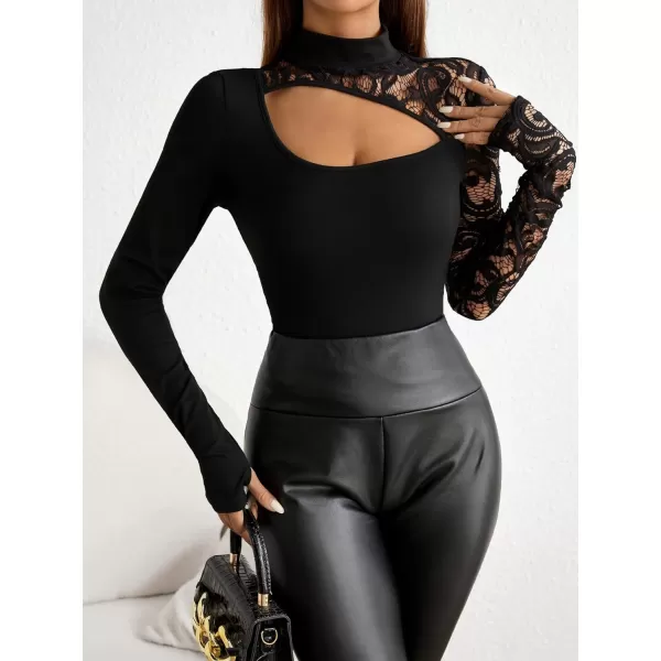 WDIRARA Women's Contrast Lace Cut Out Top See Through Sexy Mock Neck Long Sleeve Slim Top