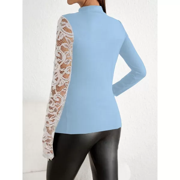 WDIRARA Women's Contrast Lace Cut Out Top See Through Sexy Mock Neck Long Sleeve Slim Top