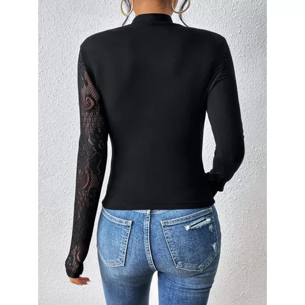 WDIRARA Women's Contrast Lace Cut Out Top See Through Sexy Mock Neck Long Sleeve Slim Top